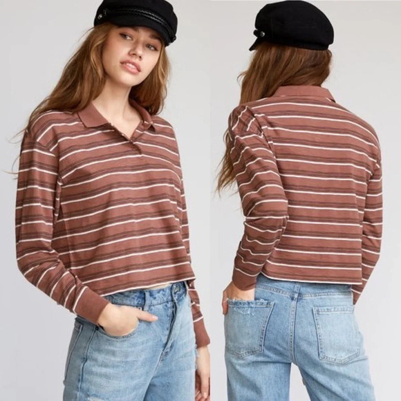 RVCA | Junction Striped Polo Long Sleeve Cropped Shirt Top EUC - Picture 1 of 10